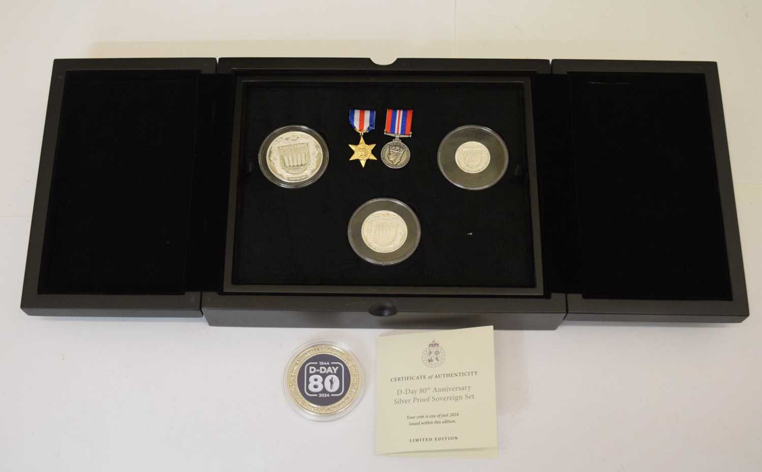 Lot 337 - Isle of Man D-Day 80th Anniversary silver proof sovereign set, and R.B.L.I. D-Day 80th medallion