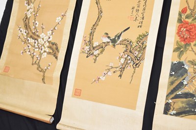 Lot 579 - Five Chinese silk scroll paintings