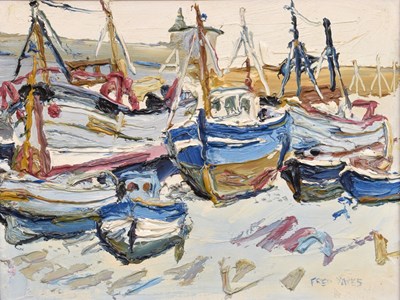 Lot 497 - Fred Yates (1922-2008) -  Oil on board - Moored fishing boats