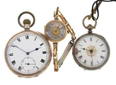 Lot 255 - Silver cased open-face pocket watch, another silver pocket watch and 9ct lady's watch