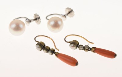 Lot 180 - Pair of 19th century coral and pearl earrings, and a pair of cultured pearl earrings