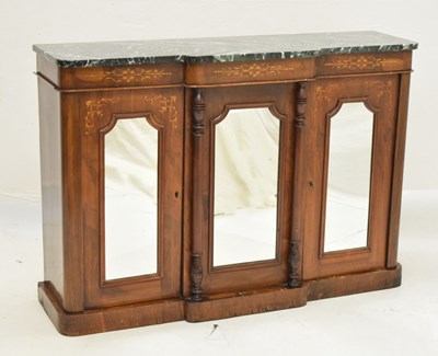 Lot 709 - 19th century inlaid walnut breakfront credenza or side cabinet with marble top