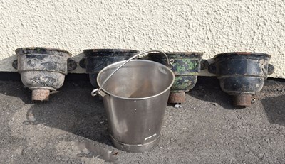 Lot 794 - Four cast rain hoppers and a steel dairy bucket by Spinx