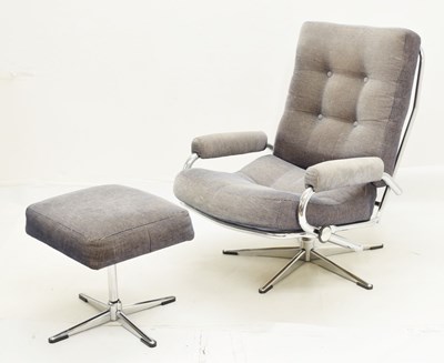 Lot 683 - Chrome swivel office chair and matching footstool