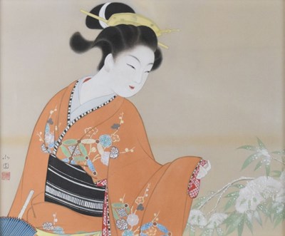 Lot 301 - Japanese School, 20th Century - Watercolour on silk - Study of a Bijin or Geisha