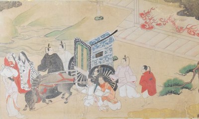 Lot 299 - Japanese woodblock print of a Heian ox cart procession