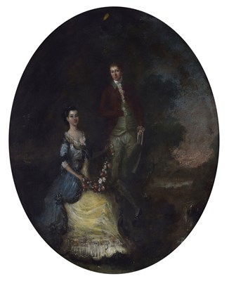 Lot 401 - Large early 19th century oil on copper - Portrait of a couple in a landscape