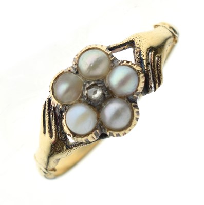 Lot 19 - 19th century Claddagh-style pearl and diamond forget-me-not ring