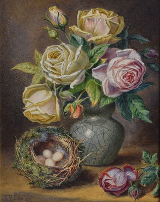 Lot 622 - Thomas Frederick Collier (1823-1885) - Watercolour - Bird's nest beside a vase of roses