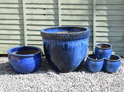 Lot 801 - Large blue glazed garden planter and two others