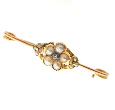 Lot 30 - 19th century pearl and diamond yellow metal bar brooch