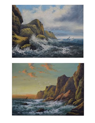 Lot 618 - Pair of early 20th century oils on canvas - Coastal scenes with rough sea