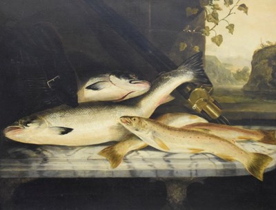 Lot 416 - Angling Interest - Late 19th Century oil on canvas - Still life with fish