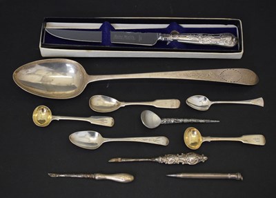 Lot 245 - George III Irish silver basting spoon with bright-cut decoration, Dublin 1792, etc