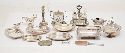 Lot 378 - Quantity of silver-plated items to include entrée dishes, cruet, biscuit barrel, etc