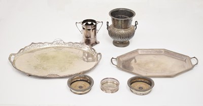 Lot 379 - Two silver-plated trays, a wine cooler, a bottle holder, and three wine coasters