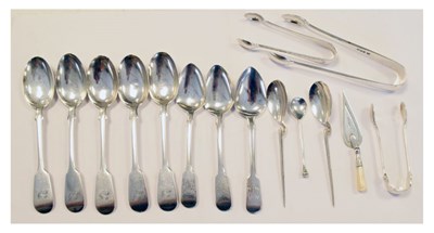 Lot 174 - Quantity of silver flatware to include set of five teaspoons, Exeter 1866, sugar tongs, etc