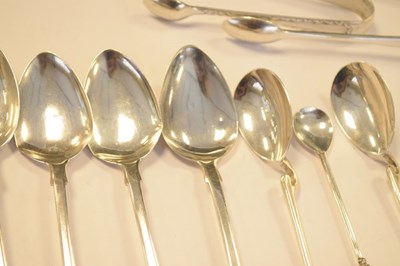 Lot 174 - Quantity of silver flatware to include set of five teaspoons, Exeter 1866, sugar tongs, etc