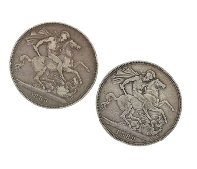 Lot 298 - Two Victorian silver crowns, 1888 and 1889