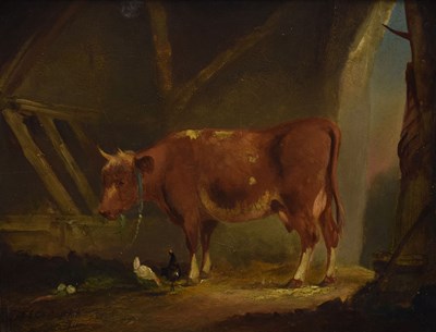 Lot 438 - Attributed to Thomas Sidney Cooper RA (British, 1803-1902) - Oil on panel - Cow and chickens