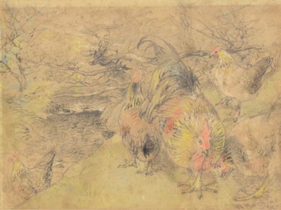 Lot 638 - William Higgins (1820-1884) - Pencil sketch-  Chickens in a landscape