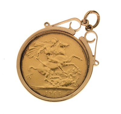 Lot 289 - Elizabeth II gold sovereign, 1965, in 9ct gold mount