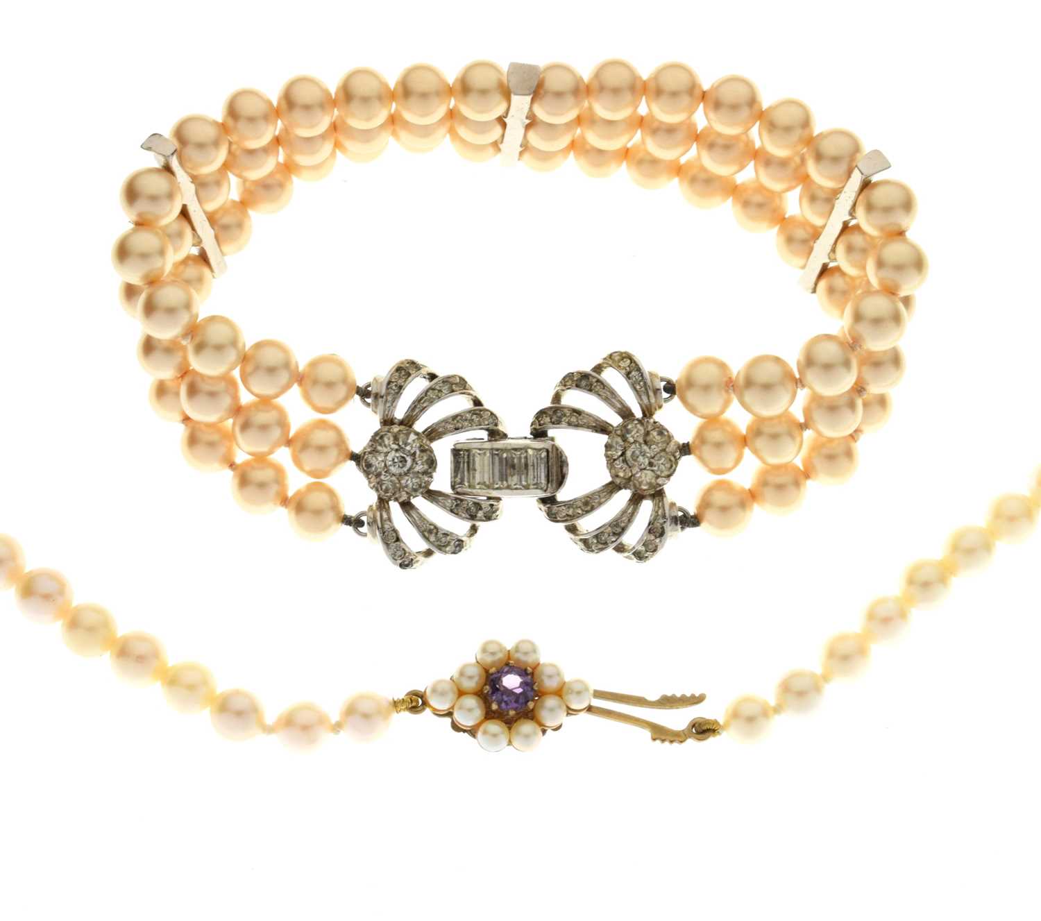 Pearl necklace and bracelet lot deals with 14K gold clasps.