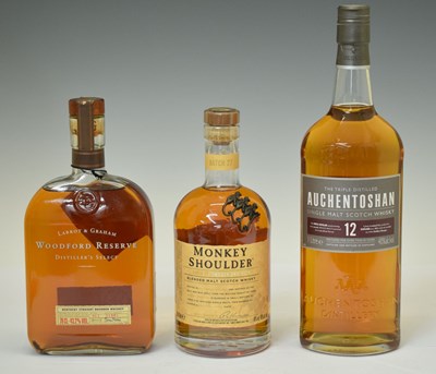 Lot 412 - Auchentoshan whisky, Monkey Shoulder whisky, and Woodford Reserve Bourbon