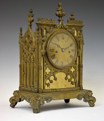 Lot 476 - Late Regency gilt metal gothic bracket double fusee clock