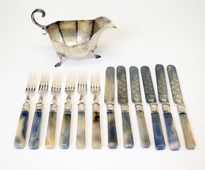 Lot 225 - Edward VII silver sauceboat, and a half dozen set of Victorian agate-handled knives and forks