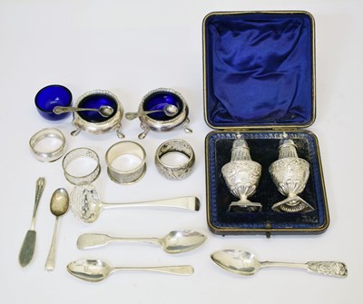 Lot 226 - Cased pair of Victorian silver pepperettes, pair of silver salts and sundry spoons, etc