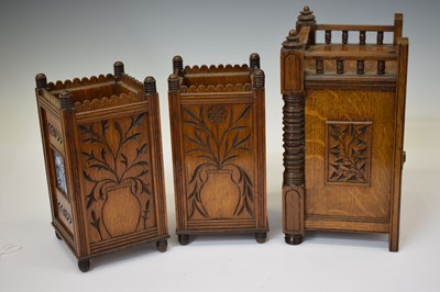 Lot 479 - J. W. Benson - late Victorian Aesthetic Movement tile-inset oak three-piece clock garniture