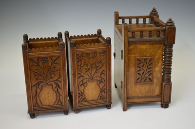 Lot 479 - J. W. Benson - late Victorian Aesthetic Movement tile-inset oak three-piece clock garniture