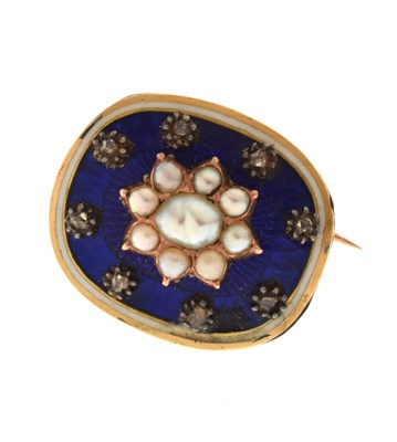 Lot 24 - 19th century blue enamel yellow metal and pearl brooch, rose-cut diamonds to border