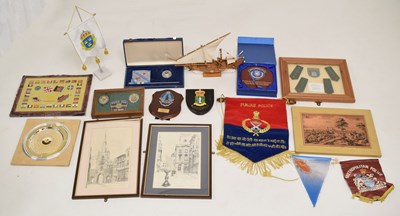 Lot 386 - Collection of presentational gifts to include desk flags, prints, framed medallions, etc