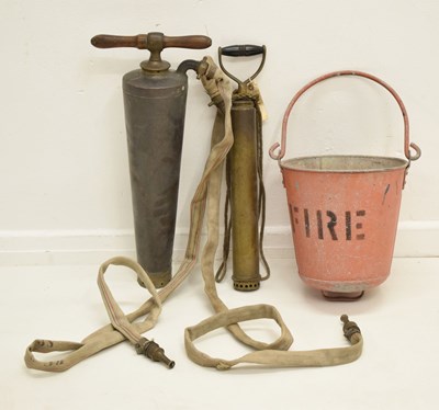 Lot 370 - Galvanised metal 'Fire' bucket and two stirrup pumps