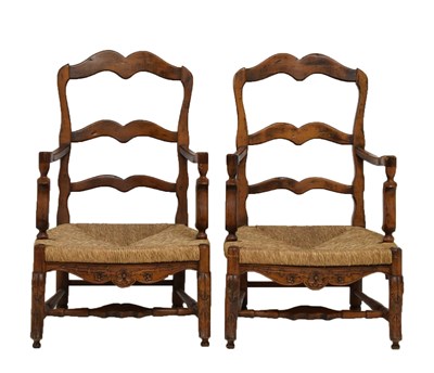 Lot 753 - Pair of rush seat open arm chairs