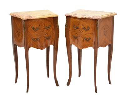 Lot 721 - Pair of French marquetry marble-topped bedside cabinets