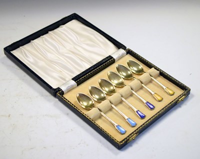 Lot 154 - Cased set of six George VI silver-gilt and enamel coffee spoons in the Art Deco style