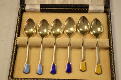 Lot 154 - Cased set of six George VI silver-gilt and enamel coffee spoons in the Art Deco style