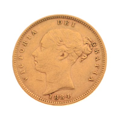 Lot 277 - Queen Victoria young head/shield back gold half sovereign, 1884