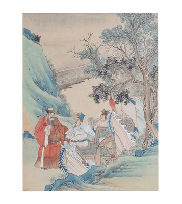 Lot 307 - Chinese watercolour on paper depicting three figures in a landscape