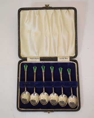 Lot 247 - Cased set six George VI Art Deco style silver and green enamel coffee spoons