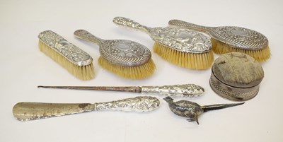 Lot 223 - Assorted silver dressing brushes, etc, together with a white metal figure of a pheasant