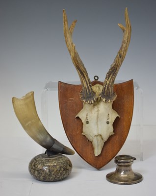 Lot 348 - George V silver capstan inkwell, a pair of mounted antlers, etc