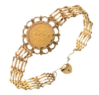 Lot 294 - Elizabeth II gold half sovereign, 1982, mounted in a 9ct gold gate link bracelet