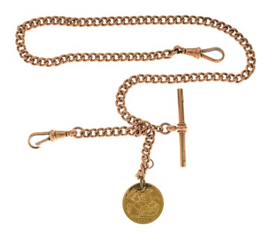 Lot 111 - 9ct rose gold double Albert watch chain and half sovereign