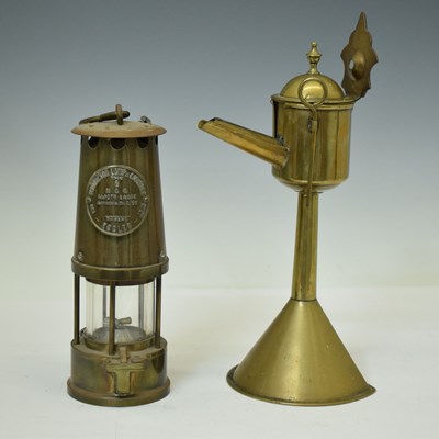 Lot 347 - 19th century brass whale oil lamp and Protector Lamp