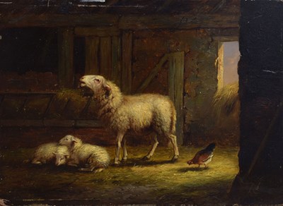 Lot 363 - Auguste Coomans (Belgian,1855-1896) - Oil on panel - Sheep and chicken in a stable