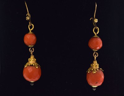 Lot 145 - Pair of late 19th century coral drop earrings